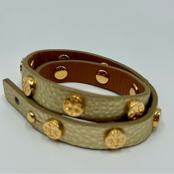 Tory Burch Miller Double Wrap Gold Logo on Gold Leather Bracelet - Picture 2 of 6